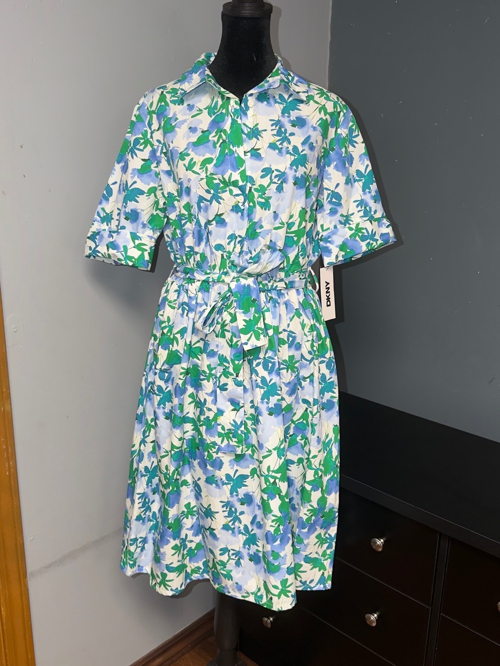 Dkny White Midi Shirt Dress with Blue & Green Floral Print